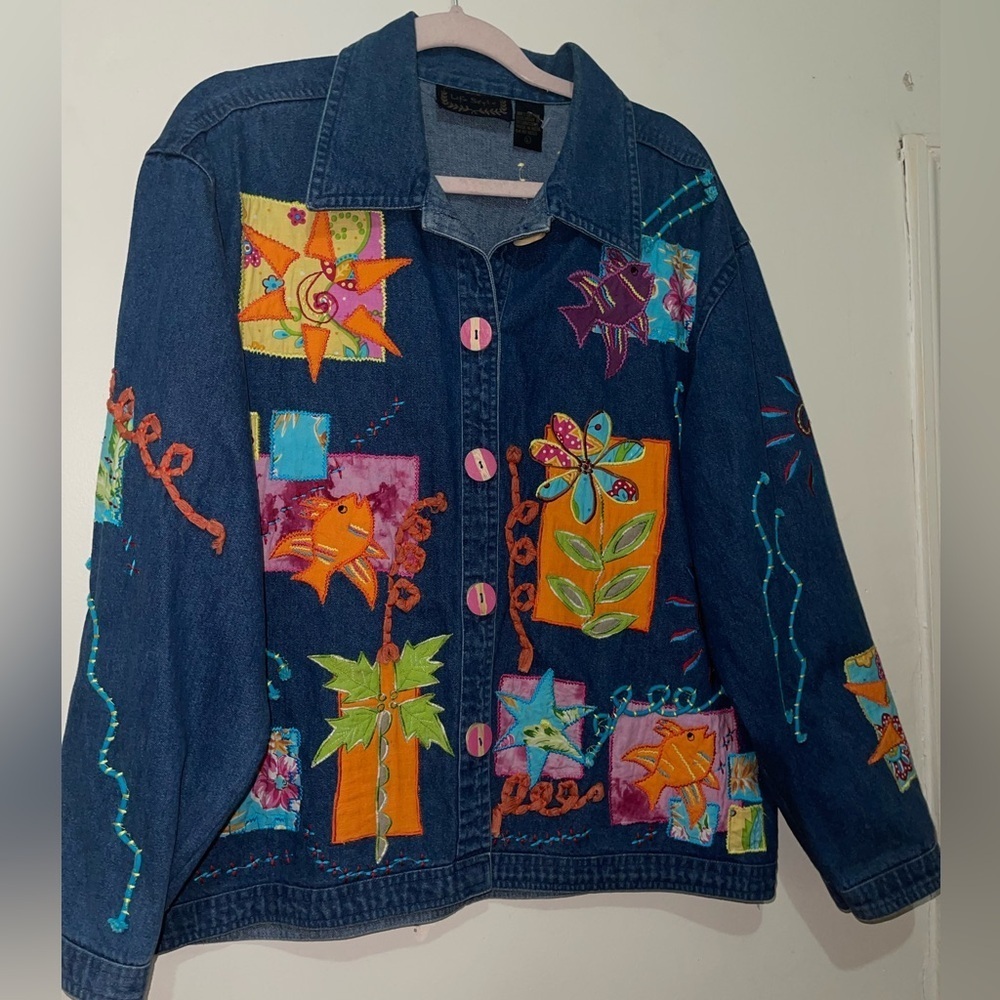 Vintage Artsy Embroidered 3D Popart Denim Jacket - Picture 6 of 16